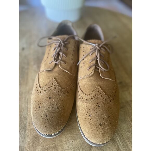 River Island Tan Suede Leather Lined Derby Brogue Shoes Made In India - Picture 2 of 8